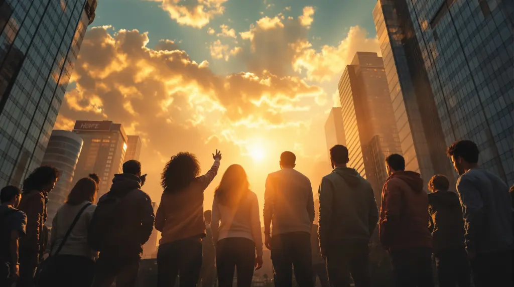 Diverse group standing in unity facing a dramatic sunset in a city skyline, with one person raising a hand toward the light.
