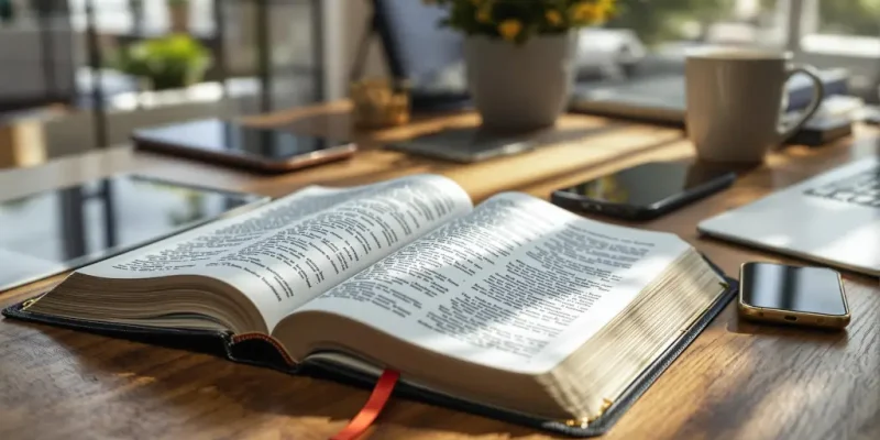 Laptop and smartphone with open Bible and notebook, highlighting the best Bible study tools and apps for 2025