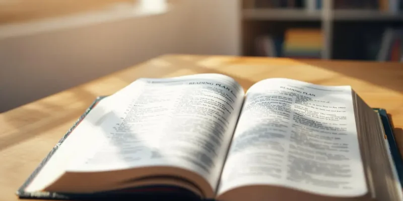 Open Bible with reading plan on a desk, representing free and printable Bible reading plans for beginners and daily Scripture study.