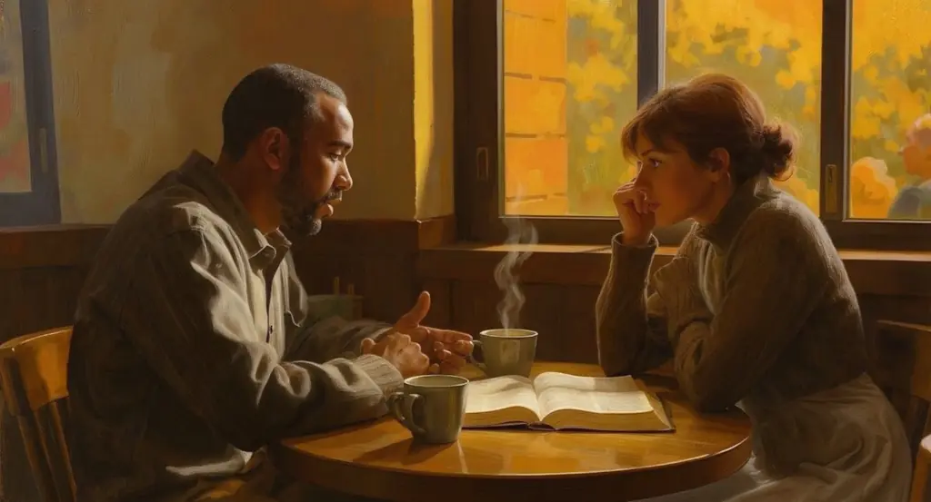 Man and woman sitting at a coffee shop table with steaming mugs and an open Bible between them, engaged in conversation.