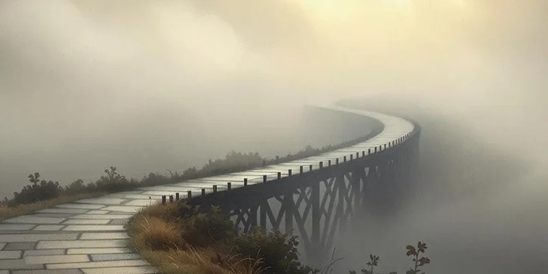 A misty path through nature symbolizing the journey of faith and doubt, with light breaking through fog