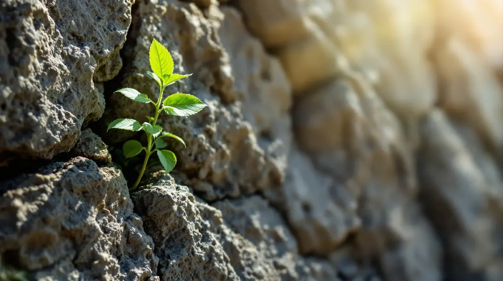 Green plant sprouting from a crack in rough stone with sunlight shining from above.