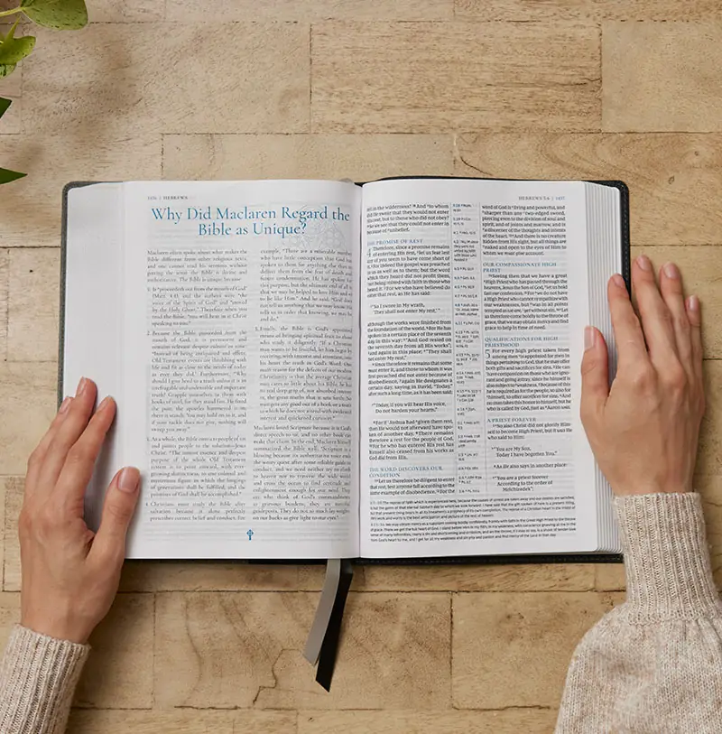 Alexander Maclaren Study Bible open to biographical notes on Maclaren