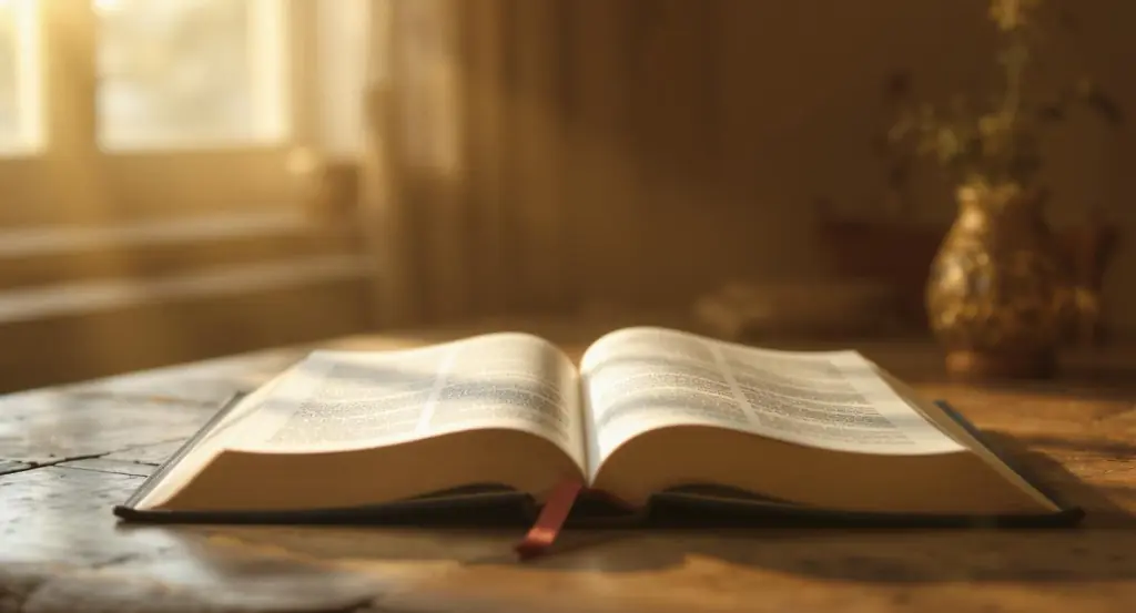Soft morning light shining on an open Bible, symbolizing the balance of Biblical truth and God’s grace.
