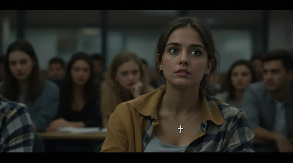 Female student in a university classroom wearing a cross necklace, representing standing firm in biblical truth.