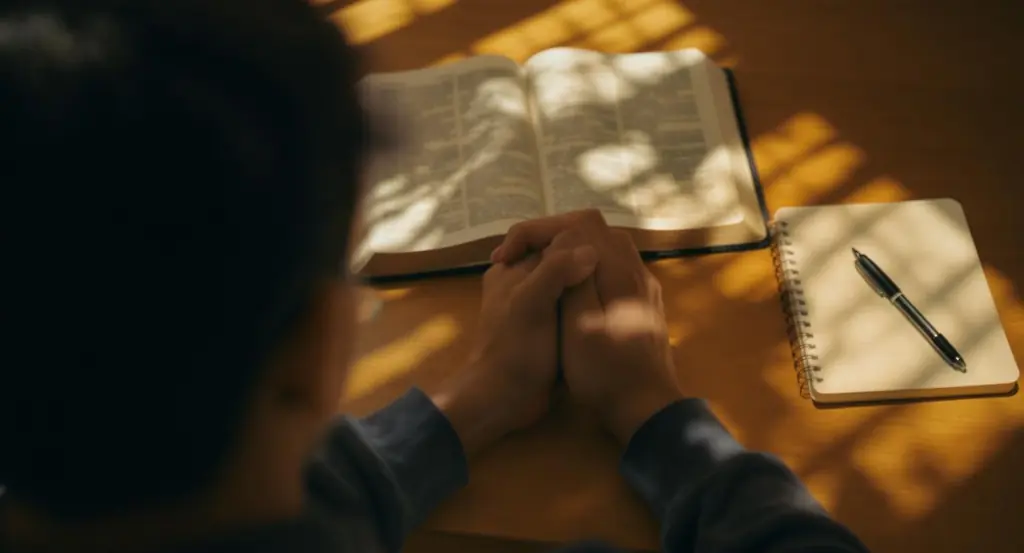 Person praying with an open Bible and journal, symbolizing practical, Christ-centered ways to respond to same sex marriage with truth and grace.
