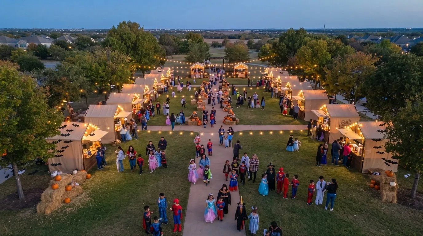 Aerial view of a church-style Halloween festival at dusk, with families in costumes, illuminated booths, pumpkins, and children enjoying outdoor activities.