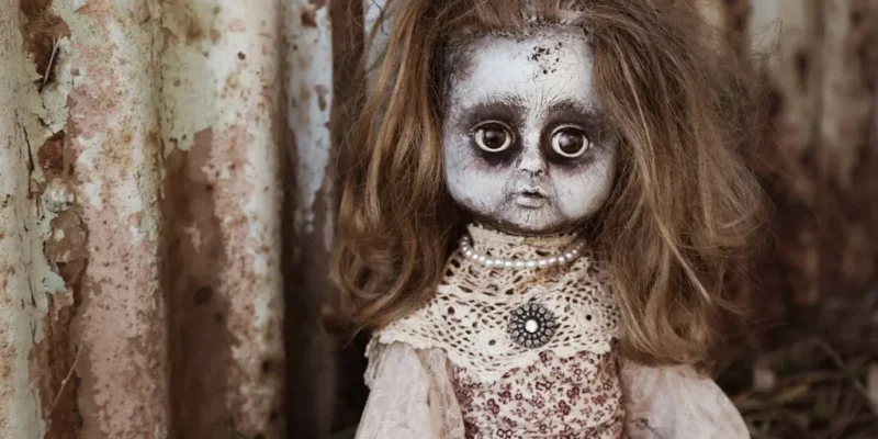 Creepy antique doll with dark eyes and decayed clothing symbolizing the unsettling nature of horror movies and their connection to spiritual evil.