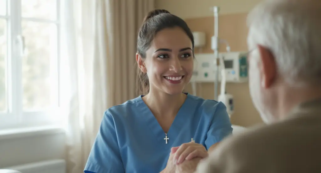 Smiling nurse in scrubs wearing a cross necklace, holding the hands of an older patient in a hospital room.