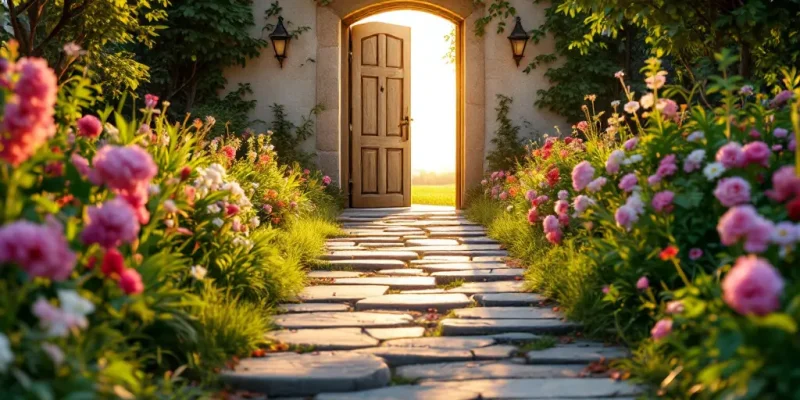 Door and Path Image: A welcoming path, flowers and grass on both sides, path ends into an open door, door has bright warm light coming from within, warm, inviting lighting throughout