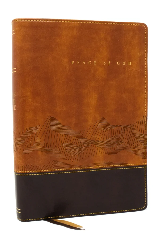 Peace of God Bible NKJV leathersoft cover with stitched binding, ribbon markers, and embossed design, published by Thomas Nelson.