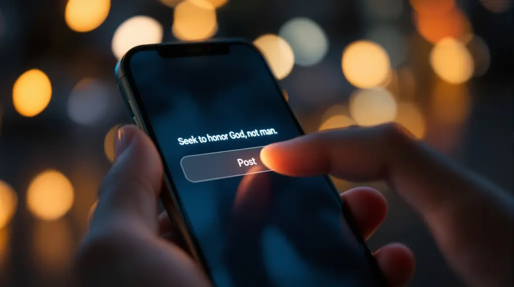 Phone screen with message ‘Seek to honor God, not man’ showing the challenge of posting biblical truth online.