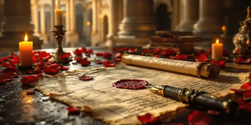Ancient parchment scroll with red wax seal and quill pen, illuminated by soft candlelight, scattered rose petals, antique writing desk, Roman architectural elements in background, dramatic lighting, representative of the sacrifice of St. Valentine